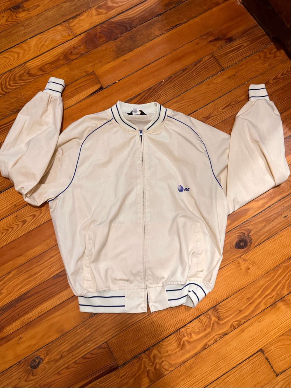 Men's XXL Cream Bomber Jacket with Navy Stripe Trim Features AT&T Logo